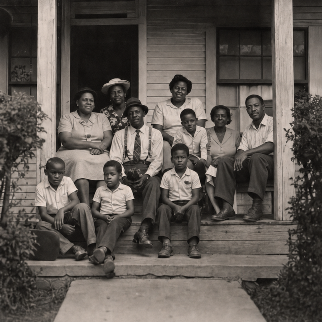 A 1930s-inspired family portrait on a front porch