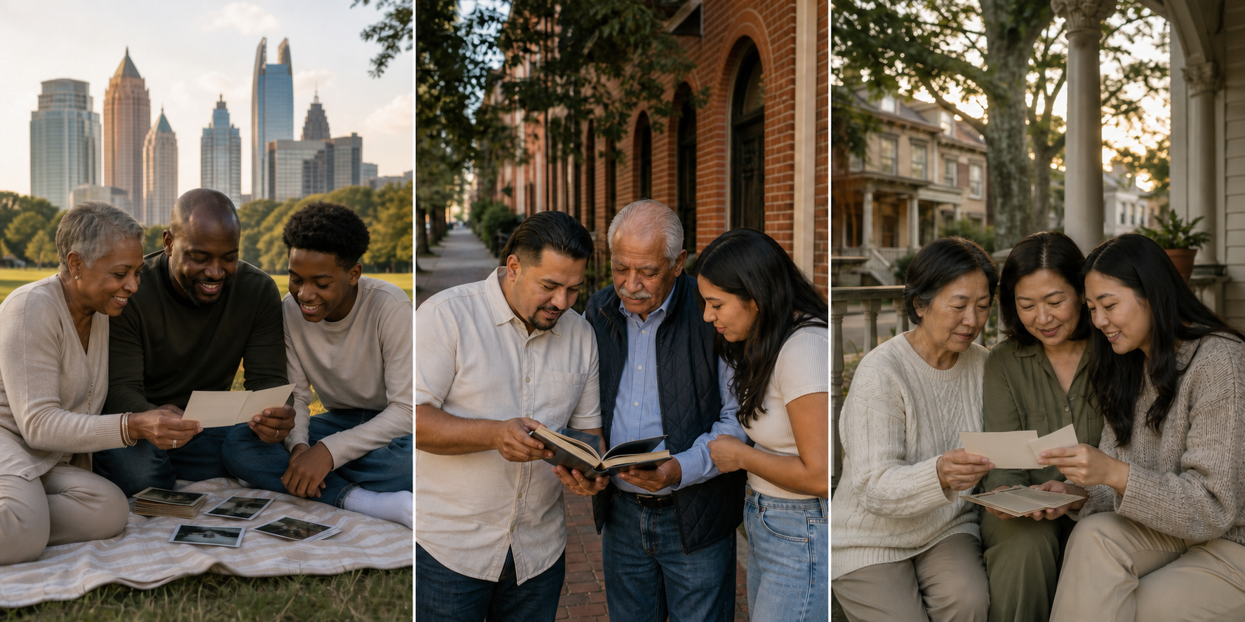 A multigenerational Black family reviewing photographs in a park, with the light backs of their held prints facing the camera