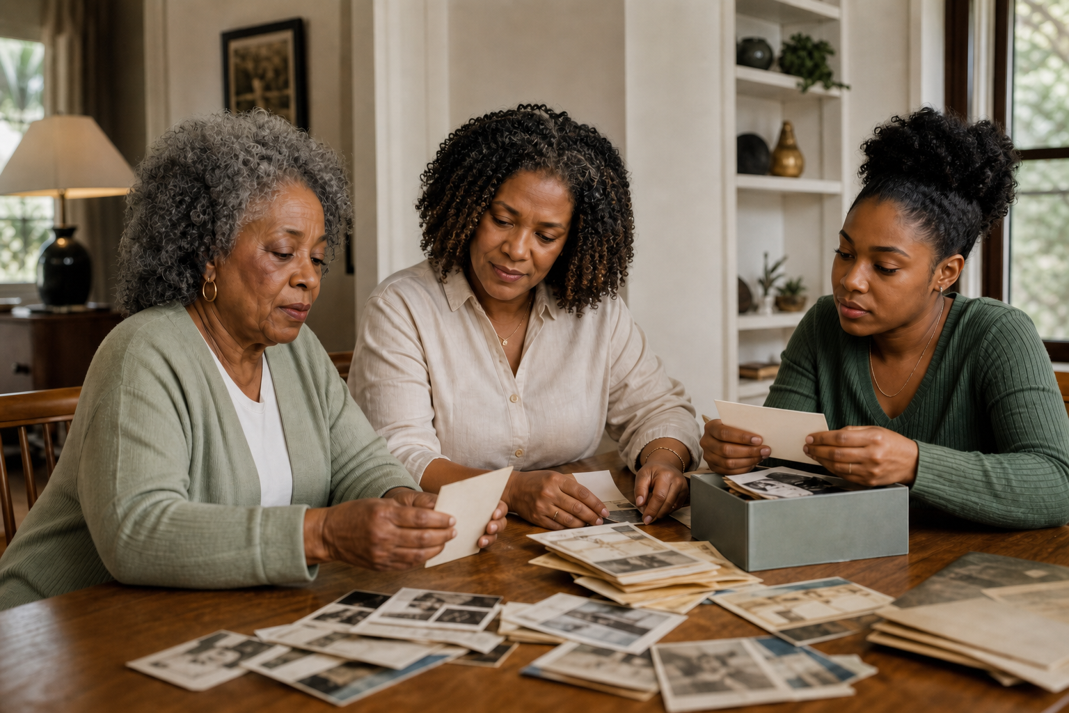 Three generations of a Black family sorting photographs at a table, with the light backs of the two held prints facing the camera