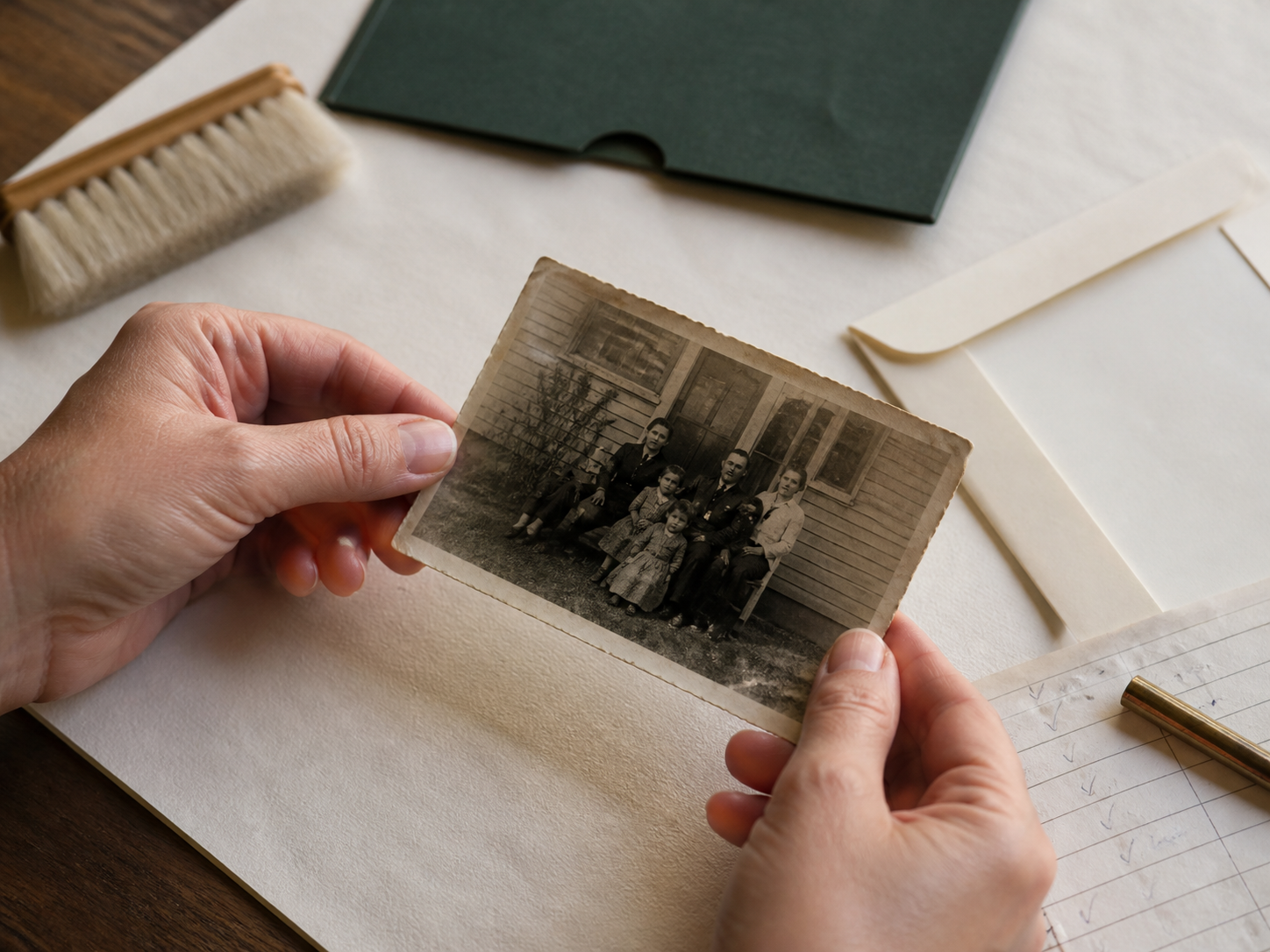 A person carefully holding the edges of a vintage family photograph